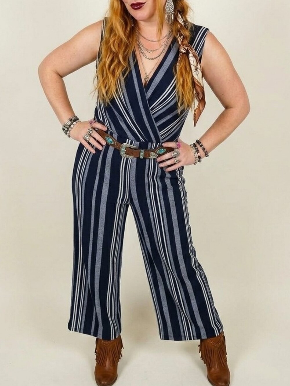 LIKE-NEW Size Small Elegant Navy & White Striped Romper Wide Leg Jumpsuit